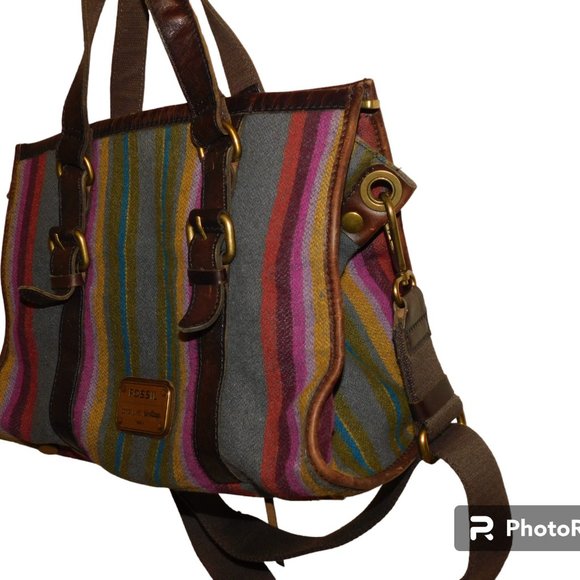 Fossil Striped Wool & Leather Crossbody Handbag Purse - Picture 3 of 13